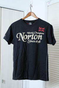 ★Norton ノートン 刺繍プリントワッペン加工半袖Tシャツ　　古着ユーズド男性メンズM黒ブラックトップスバイクバイカーアメカジ