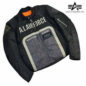 人気 ALPHA INDUSTRIES アルファ N-3B(N) ライダースジャケット サイズL ブラック グレー 劣化有 バイクウェア ライディング BIKE A2859