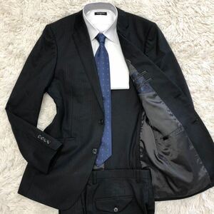 超希少2XL!パーフェクトスーツファクトリー【圧倒的高級感】Perfect Suit FActory スーツ セットアップ ブラック ストライプ 2B 背抜 A8(3L