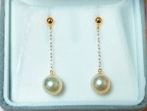 真珠ピアス セミロング オーロラ 花珠級 アコヤ 真珠 K18 あこや 本真珠 7.5mm 素敵！ 未使用品