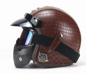 ハーレーヘルメット バイクヘルメット ジェットヘルメット PUレザー バイザー付き ゴーグル マスク付 カラー:A サイズ:XXL