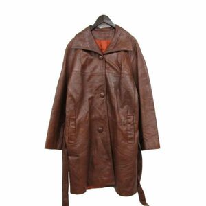 本革 サイズ 18 vintage レザー デザイン コート ロング丈 ブラウン 裏地有 ベルト付 レディース 古着 ビンテージ 2MA0909