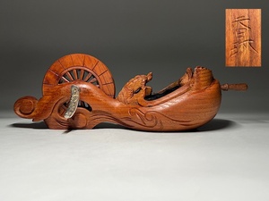 【瑞】香琳作　木彫り　亀鶴彫刻　墨壺　大工道具　幅：約２５ｃｍ