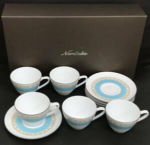 M325【未使用品】NORITAKE ノリタケ ハミングブルー ティー コーヒー カップ＆ソーサー C＆S 5客セット 約210ml(満水) 電子レンジ対応