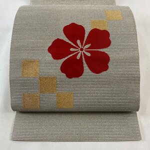 名古屋帯 美品 優品 夏帯 絽 八寸名古屋帯 桜 幾何学模様 金銀糸 灰色 正絹 【中古】