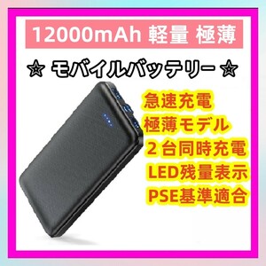 モバイルバッテリー ☆人気新登場 超軽量 超薄型☆ 大容量 軽量 12000mAh 極薄モデル