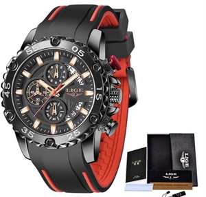 LIGE メンズ 腕時計 高品質 クオーツ カジュアル スポーツ ファッショナブル ウォッチ 10027 クロノグラフ 防水 時計 ブラック