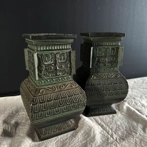 モダン インテリア 古い 壷 2点 青銅 四角面 花器 飛州 中国 美術品 花瓶