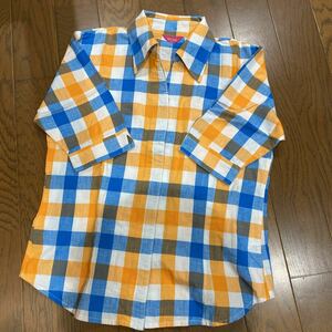 チェックシャツ スキッパーシャツ　オレンジ　M 五部袖