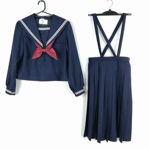 1円 セーラー服 スカート スカーフ 上下3点セット 指定 160A 冬物 白2本線 女子 学生服 福岡瀬高中学 紺 制服 中古 ランクC NA0362