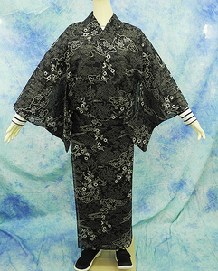 （114）洗える着物　washable　絽　夏用　pre-owned 中古 合成繊維　小紋　黒　Japanese Kimono for Summer　156cm 61inch synthetic fiber
