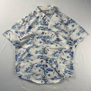  Vintage Tommy Bahama リネン100% 淡色 アート ビーチ ヤシ アロハシャツ 総柄 デザインシャツ 