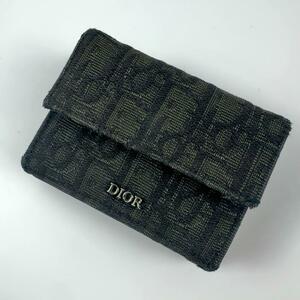 【美品】クリスチャンディオール オブリーク 三つ折り財布 ブラック Christian Dior トロッター キャンバス レザー 本革 レディース
