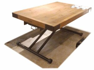 リフティングテーブル 110 パイン材 スチール脚 センターテーブル ビンテージスタイル 昇降式 新品 一部地域除く送料無料　