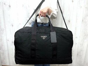 極美品 PRADA プラダ テスート デカ ロゴ ボストンバッグ ショルダーバッグ バッグ ナイロン×サフィアーノレザー 黒 A4可2WAYメンズ 70981