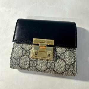 5 1円 GUCCI グッチ GGスプリーム パドロック 三つ折り コンパクトウォレット レザー ベージュ ブラック