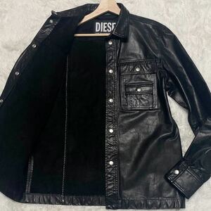 極美品/定価10万/超希少/XL相当●ディーゼル DIESEL 極上シープレザー シャツ ジャケット ブルゾン 羊革 ラムレザ― 高級感◎ブラック 黒