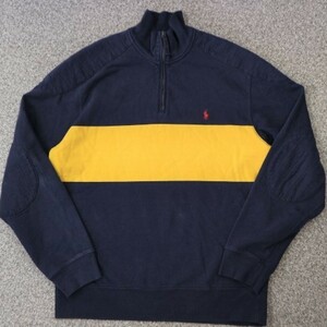 90s Polo Ralph Lauren ラガーシャツ M ハーフジップ 長袖 ラグビー ポロシャツ エルボーパッチ 肩 補強 プルオーバー ポロ ラルフローレン