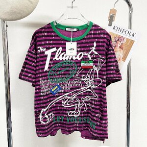 上級ヨーロッパ製※定価2万◆ブルガリア発※RISELIN 半袖Tシャツ 薄手 個性 ウサギ ストライプ柄 ダメージ加工 ゆったり ストリート L/48