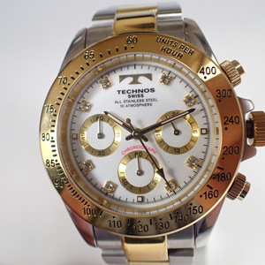 テクノス TECHNOS 腕時計 TGM640 メンズ ステンレス アナログ ゴールド シルバー クロノグラフ　ホワイト文字盤