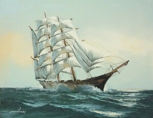 油彩画 洋画 肉筆油絵 F6号 「帆船 海景画」-22-特価-