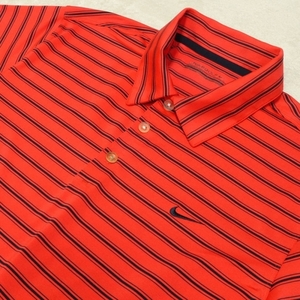 ☆美品 ナイキゴルフ(NIKE GOLF) メンズゴルフウェア 半袖 ポロシャツ レッドとオレンジの中間色にブラックのボーダー