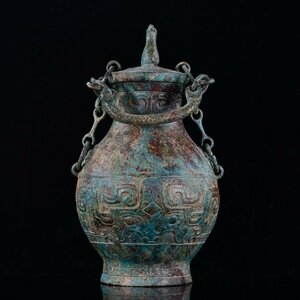 ◆古寳堂◆漢時期 青銅製 立鳥チェーン瓶 置物 賞物 極細工 古置物 古擺件 中国古美術 時代物 古董品