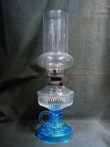 A5780 昭和期 プレスガラス 透明・青色 ホヤつき オイルランプ