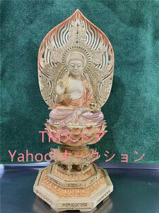 【如来】 薬師如来座像3.0寸（総高32cm、幅12cm、奥行き12cm）桧木製高級木彫り彩色 飛天光背八角台