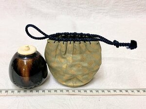 13571/京都袋師遺品 茄子型 茶入 仕覆付 茶道具 茶器 名物裂 陶器