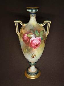 ロイヤル・ウースター　飾り壺　ペディスタル・ベース アンティーク　グリーン　薔薇絵 金彩　イギリス アンティーク 1905年頃