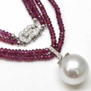 天然ダイヤモンド付き!!豪華!!◆K14 天然ガーネット/南洋白蝶真珠 ネックレス◆M 約23.8g 約40.0cm pearl jewelry necklace EA6/EA6