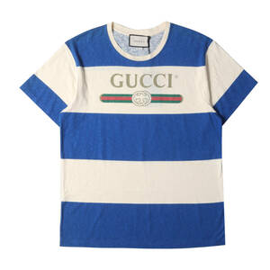新品 GUCCI グッチ 20SS ヴィンテージ ロゴ ワイドボーダー コットン リネン Tシャツ Logo Stripe T-Shirt アイボリー ブルー M イタリア