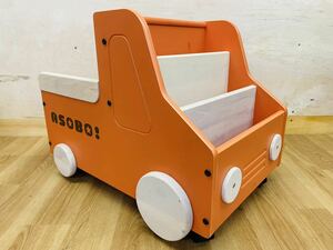 奈良発 ASOBO! トラック型 おもちゃ箱 オレンジ 木製 本立て付き 中古品 キッズ 子供用品 キャスター付き 走るおもちゃ箱 直接引き取り可能