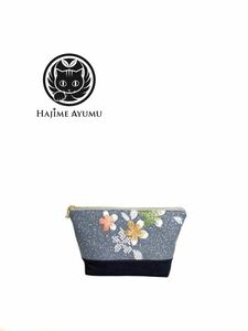 【現品1点限り】HAJIME AYUMU 高級和柄着物&児島デニム リメイクデザインポーチ グレー×ネイビー ハンドメイド 小物入れ 化粧ポーチ 雑貨