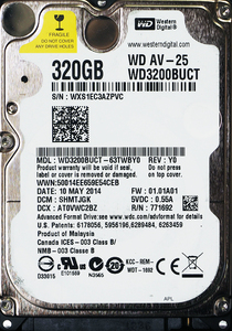 Western Digital WD AV-25 WD3200BUCT-63TWBY0 2.5インチ 9.5mm SATA300 320GB 3768回 10382時間