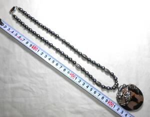 パールデザインネックレス SILVER金具 重量約80g 葡萄透かし彫り 彫金 螺鈿 黒真珠 バロックパール