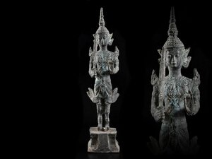 【雲】某寺院買取品 釈迦 タイ スコータイ様式 シャカ アユタヤ仏 古銅 銅製 仏像　時代物 高さ24.3cm CA8922 UTcfed