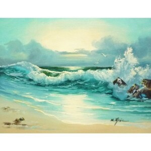 油彩画 洋画 肉筆油絵 F6号 「波 海 海景画」-168-特価-
