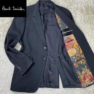 1円〜 【極美品！圧巻の花柄】 ポールスミス Paul Smith メンズ テーラードジャケット 花柄 総柄 パイピング XLサイズ ブラック ウール 