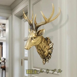 極美品☆鹿 頭 彫像 リアル 3D 動物 彫刻 壁掛け 壁画 アンティーク オブジェ ヨーロッパスタイル ゴールド ブロンズ