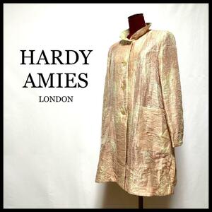 HARDY AMIES ハーディエイミス ロングジャケット フリル襟 麻 光沢 レトロ ベージュ M