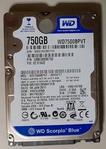 3979 2.5インチ内蔵SATAハードディスク 9.5mm 750GB WD7500BPVT-26HXZT1 5400rpm 正常12116時間 NECLaVie2011年2月モデル Windows7Home入り