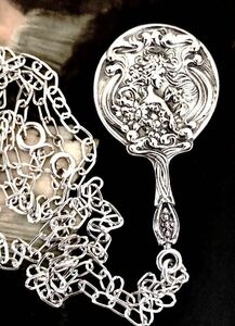 英国アンティーク 手鏡/ミラー ペンダント ネックレス シルバー925 チェーン アールヌーヴォー 純銀18.4g/76cm ビクトリア期 1900年初期 
