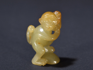  ◆御泓軒◆『清・和田玉彫・霊猿彫り件』極細工・古賞物・中国古玩・中国古美術
