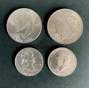 銀貨4枚●1958年 フランクリン 1964年 ケネディ HALF DOLLAR 1921年 モルガンダラー イーグル 1776-1976 アイゼンハワー 1ドル ONE DOLLAR