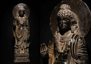 ◆旧家買出品◆A824クシャーン朝時代 仏教古美術・ 時代古仏 ガンダーラ石仏立像 灰色片岩石彫 ガンダーラ