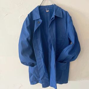 ヴィンテージ ドイツ製 長袖ワークシャツジャケット4 張りのあるコットン100% 無地 ブルー 比翼 メンズ オーバーサイズ ヨーロッパ古着