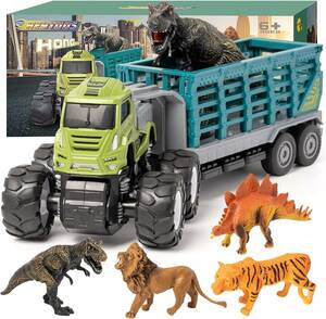 Heytoos 車 おもちゃ 恐竜 ライオ 恐竜 タイガーフィギュア 動物 4種類 車セット 電池不要 男の子 女の子 子供 入園