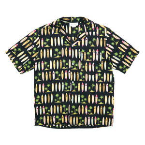 90s ビンテージ MALIHINI HAWAII ハワイ製 アロハ シャツ 半袖 ハワイアン 90年代 黒 サーフボード ブラック 古着 開襟 オープンカラー